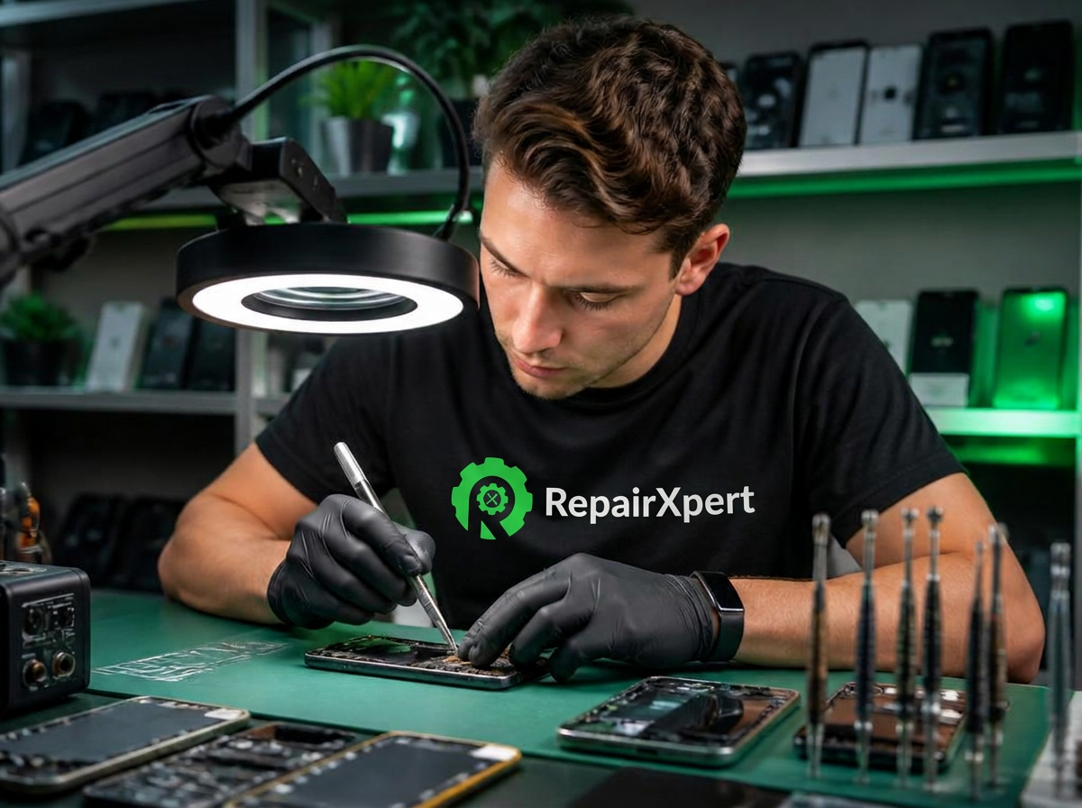 RepairXpert technician in branded t-shirt professionally repairing a smartphone in Dubai