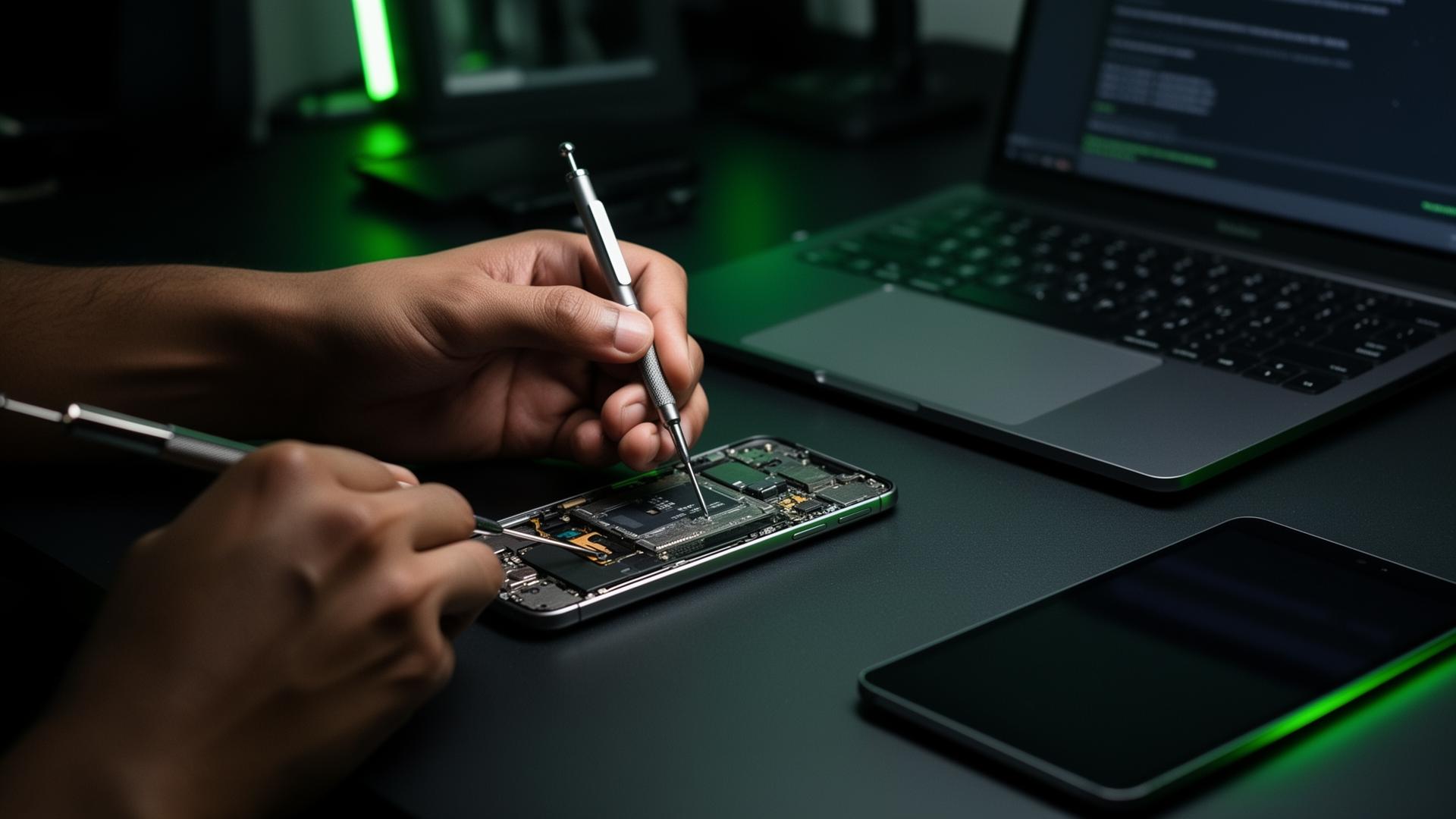 Technician repairing a smartphone with precision tools at RepairXpert Dubai workshop