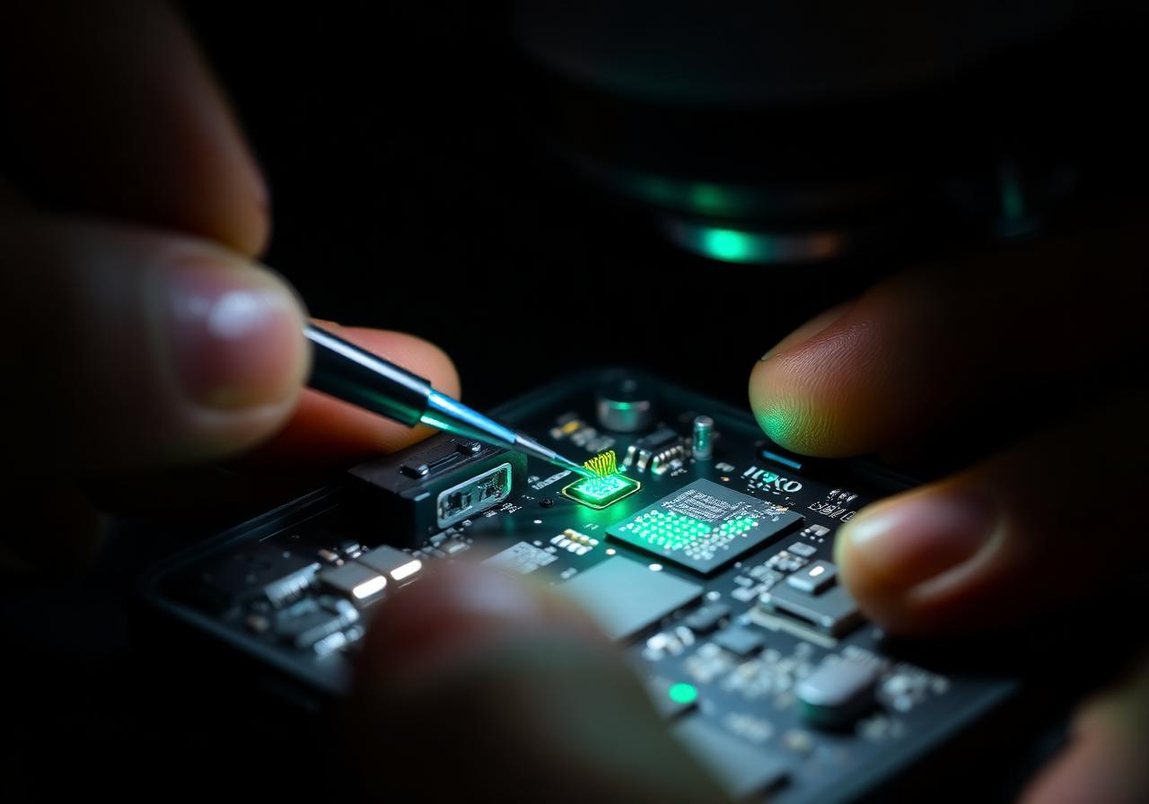 Micro-soldering precision repair on a smartphone motherboard