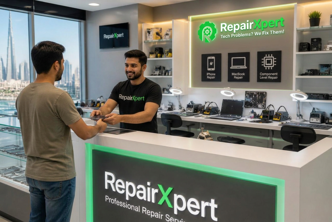 Inside RepairXpert workshop in Dubai with friendly technicians at the counter